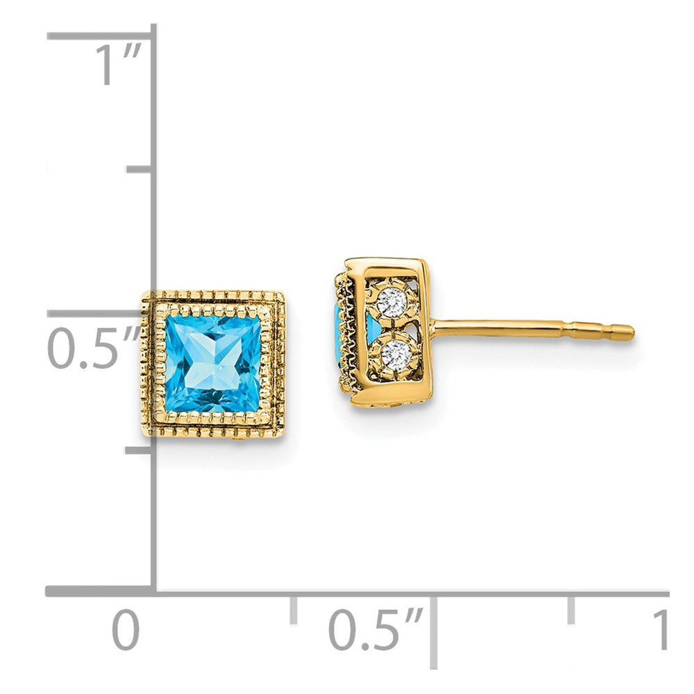 Solid 14k Yellow Gold Square Simulated Blue Topaz and CZ Earrings