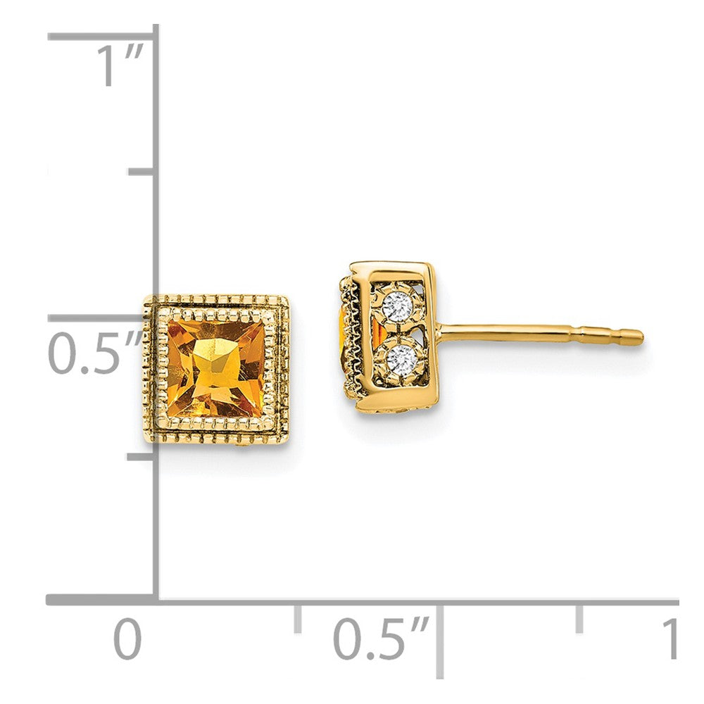 14k Yellow Gold Square Citrine and Real Diamond Earrings