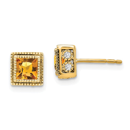 14k Yellow Gold Square Citrine and Real Diamond Earrings