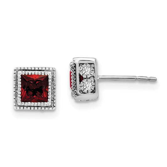 14k White Gold Square Garnet and Real Diamond Earrings