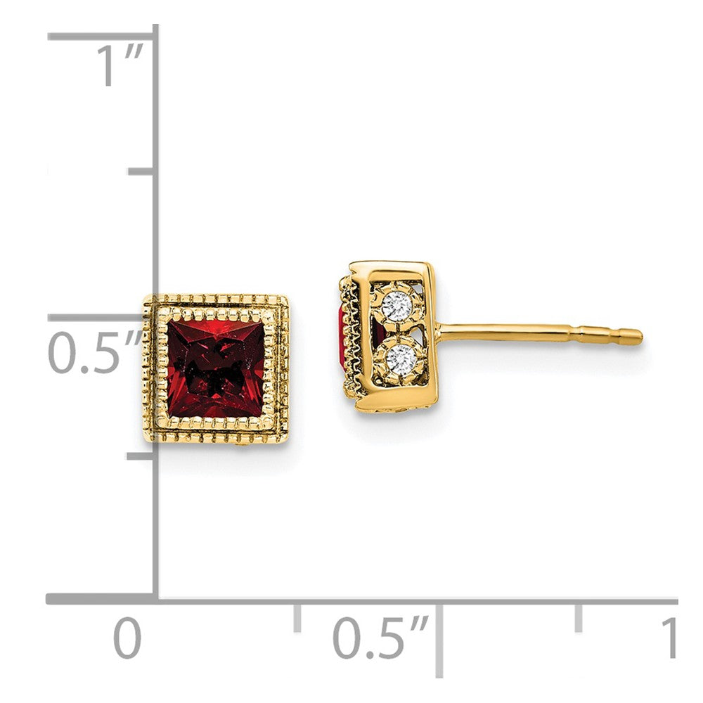 14k Yellow Gold Square Garnet and Real Diamond Earrings