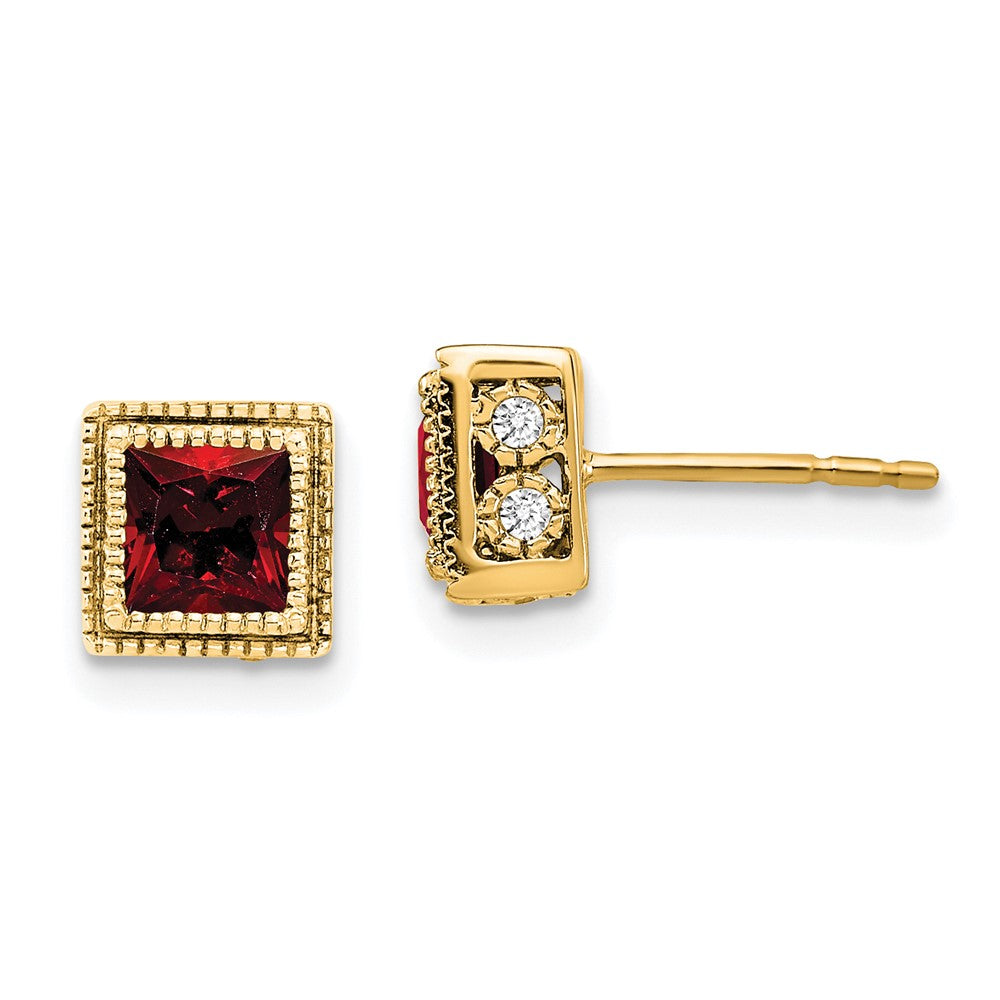 14k Yellow Gold Square Garnet and Real Diamond Earrings EM7096-GA-016-YA