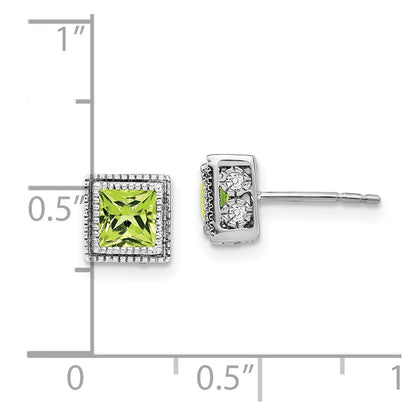 14k White Gold Square Peridot and Real Diamond Earrings