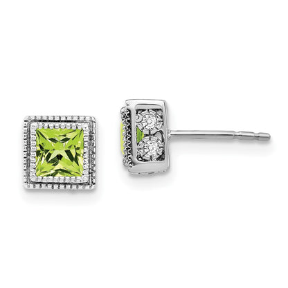 14k White Gold Square Peridot and Real Diamond Earrings