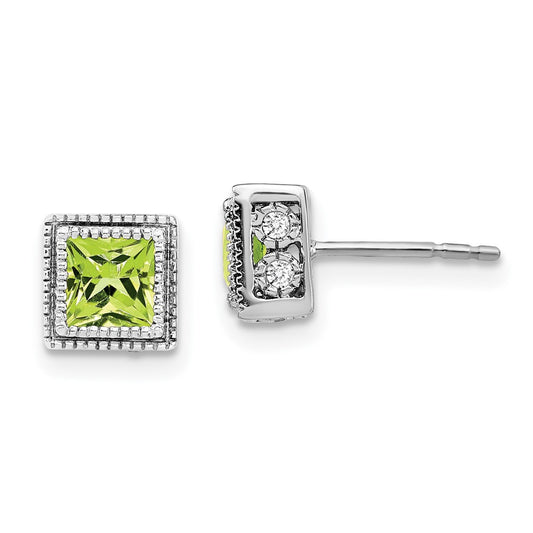 14k White Gold Square Peridot and Real Diamond Earrings