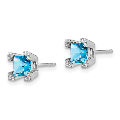14k White Gold Square Blue Topaz and Real Diamond Earrings