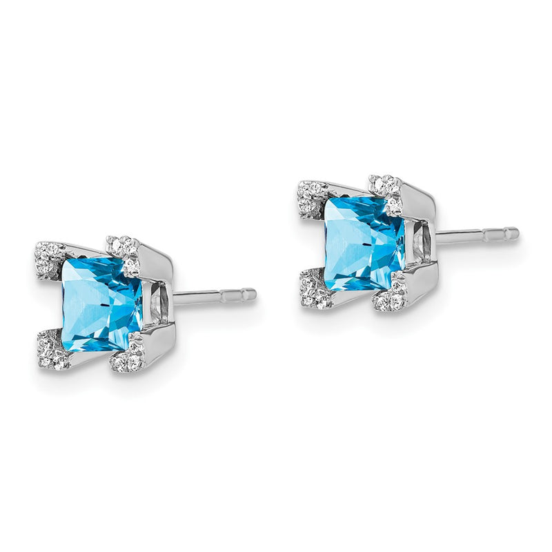 14k White Gold Square Blue Topaz and Real Diamond Earrings