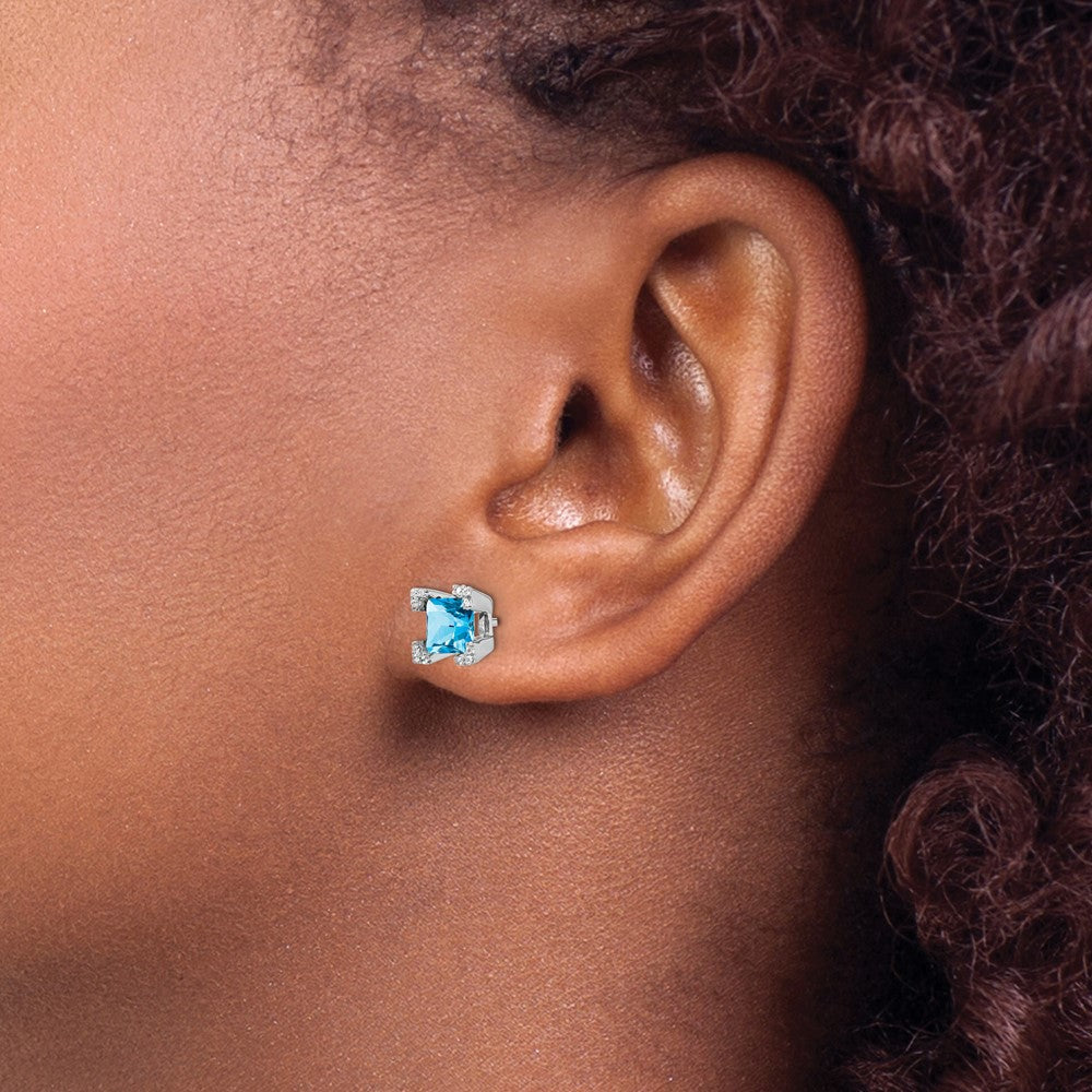 14k White Gold Square Blue Topaz and Real Diamond Earrings
