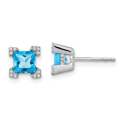 14k White Gold Square Blue Topaz and Real Diamond Earrings EM7103-BT-007-WA