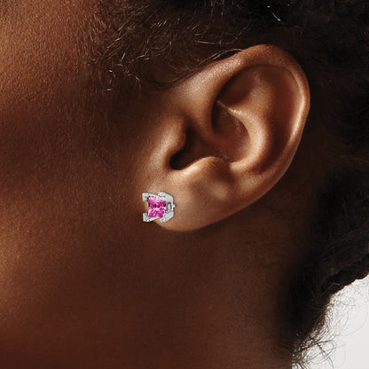 Solid 14k White Gold Square Created PinK Simulated Sapphire and CZ Earrings