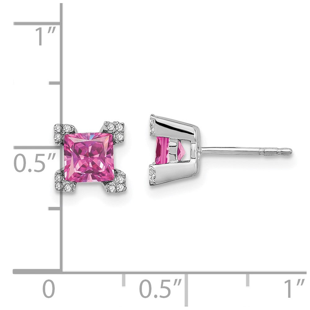 Solid 14k White Gold Square Created PinK Simulated Sapphire and CZ Earrings