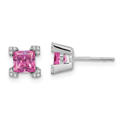 14k White Gold Square Created Pink Sapphire and Real Diamond Earrings EM7103-CPS-007-WA