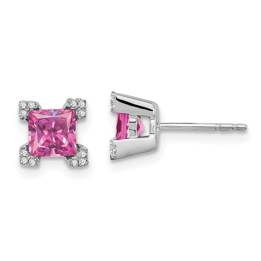 Solid 14k White Gold Square Created PinK Simulated Sapphire and CZ Earrings