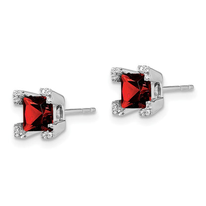 14k White Gold Square Garnet and Real Diamond Earrings
