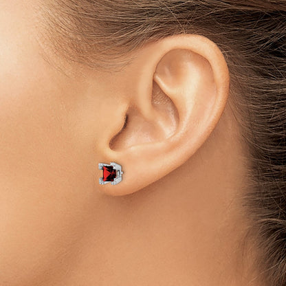 14k White Gold Square Garnet and Real Diamond Earrings