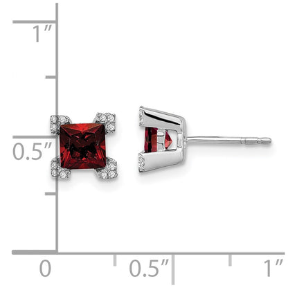 14k White Gold Square Garnet and Real Diamond Earrings