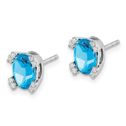 14k White Gold Oval Blue Topaz and Real Diamond Earrings