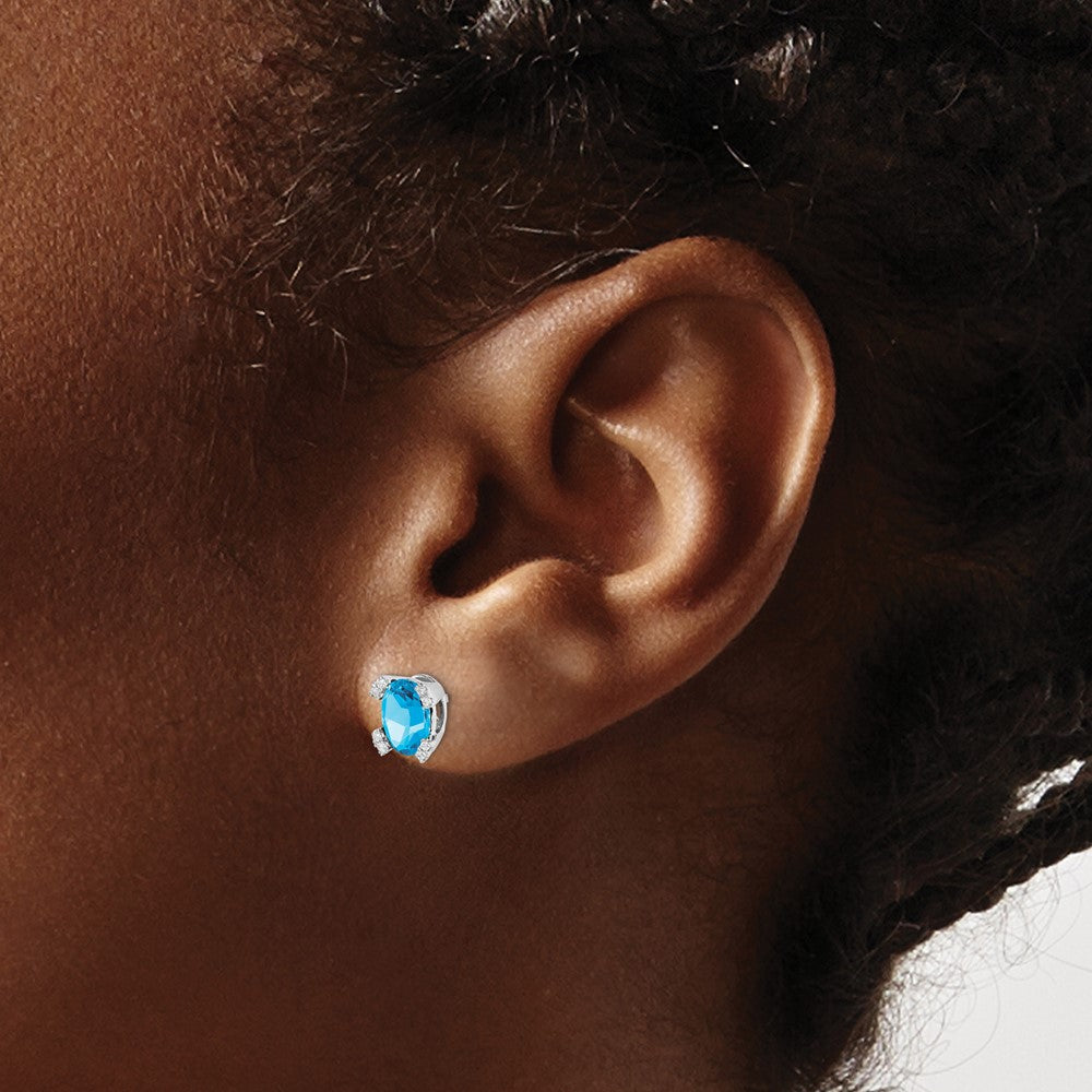 14k White Gold Oval Blue Topaz and Real Diamond Earrings