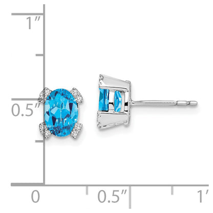 14k White Gold Oval Blue Topaz and Real Diamond Earrings