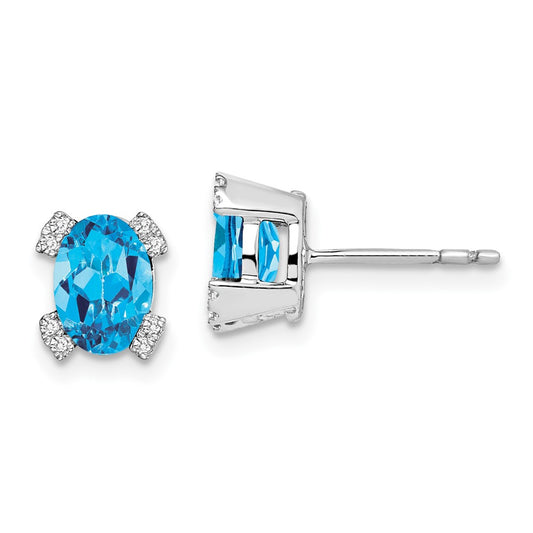 14k White Gold Oval Blue Topaz and Real Diamond Earrings