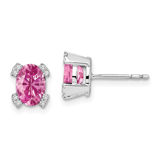 Solid 14k White Gold Oval Created PinK Simulated Sapphire and CZ Earrings
