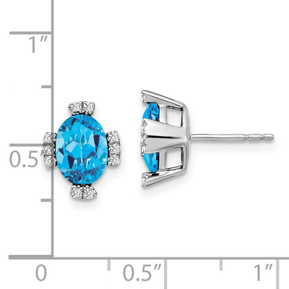 14k White Gold Oval Blue Topaz and Real Diamond Earrings