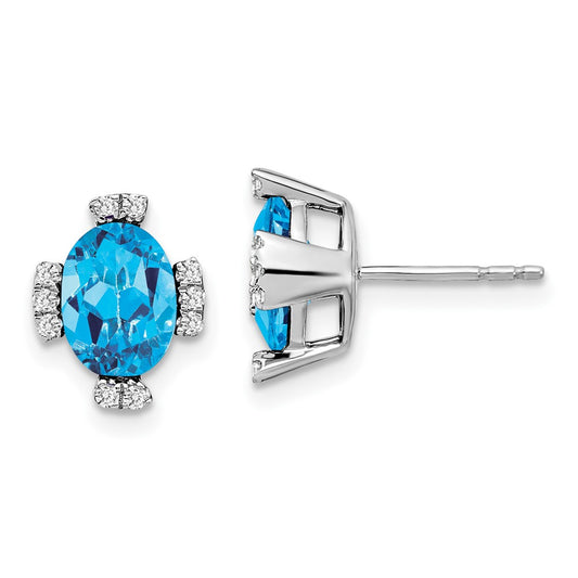 14k White Gold Oval Blue Topaz and Real Diamond Earrings
