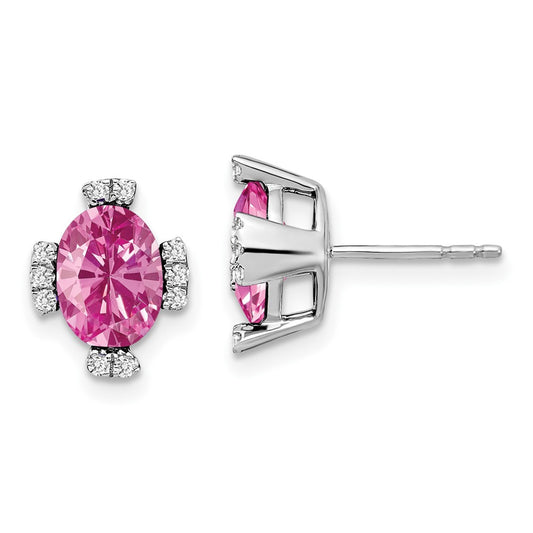 Solid 14k White Gold Oval Created PinK Simulated Sapphire and CZ Earrings