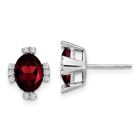 14k White Gold Oval Garnet and Real Diamond Earrings