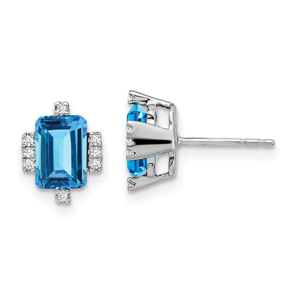 14k White Gold Emerald-shape Blue Topaz and Real Diamond Earrings