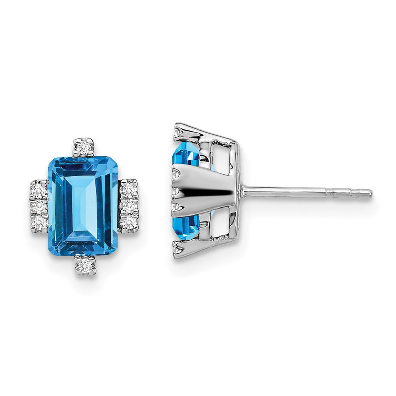 14k White Gold Emerald-shape Blue Topaz and Real Diamond Earrings