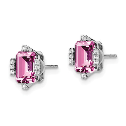 14k White Gold Emerald-shape Creat. Pink Sapphire/Real Diamond Earrings