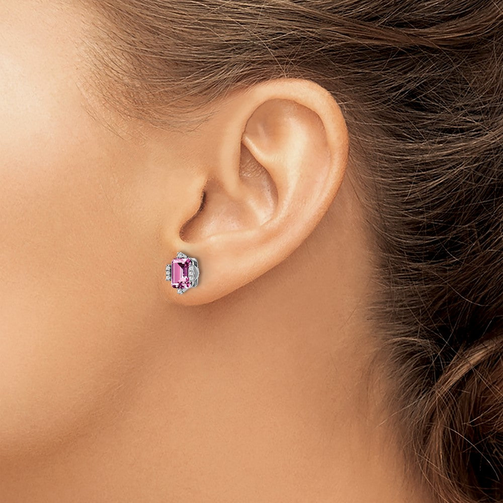 Solid 14k White Gold Simulated Emerald Simulated-shape Creat. PinK Sapphire Simulated/Simulated CZ Earrings