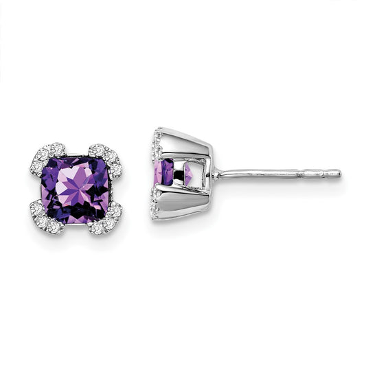 14k White Gold Cushion Amethyst and Real Diamond Earrings