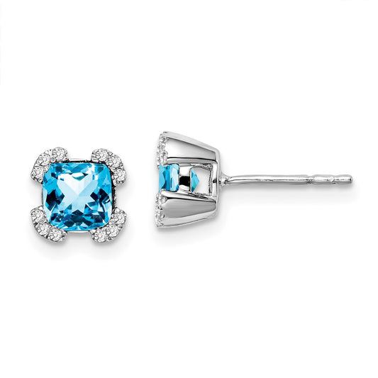 Solid 14k White Gold Cushion Simulated Blue Topaz and CZ Earrings