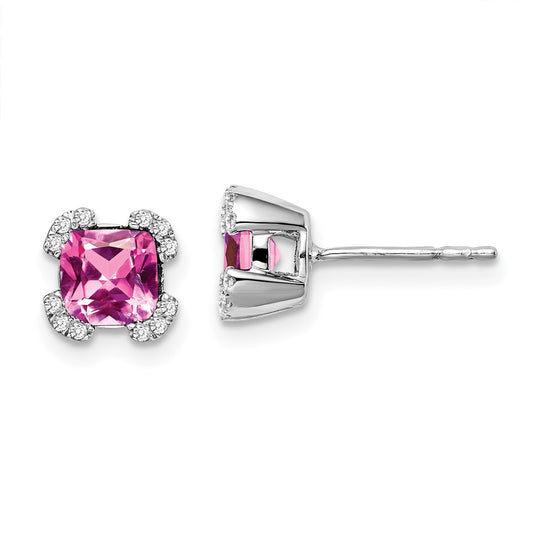 Solid 14k White Gold Cushion Created PinK Simulated Sapphire and CZ Earrings
