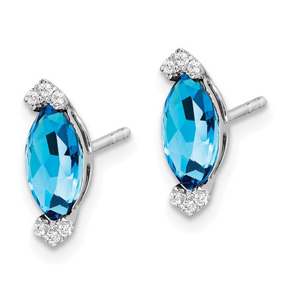 14k White Gold Marquise Blue Topaz and Real Diamond Earrings