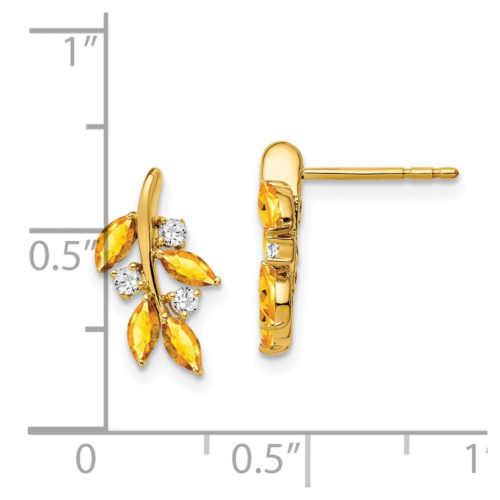 14k Yellow Gold Citrine and Real Diamond Leaf Earrings