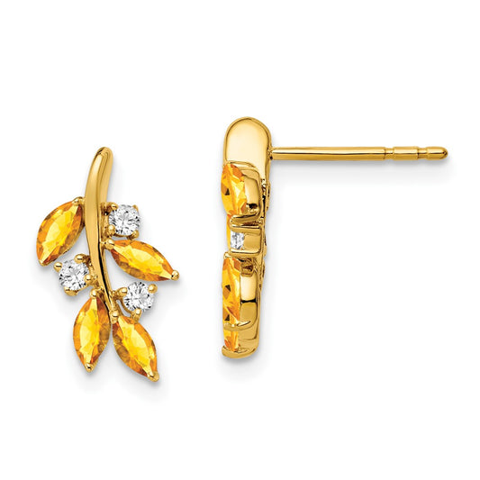 14k Yellow Gold Citrine and Real Diamond Leaf Earrings