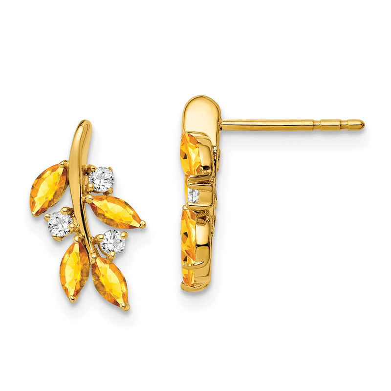 14k Yellow Gold Citrine and Real Diamond Leaf Earrings