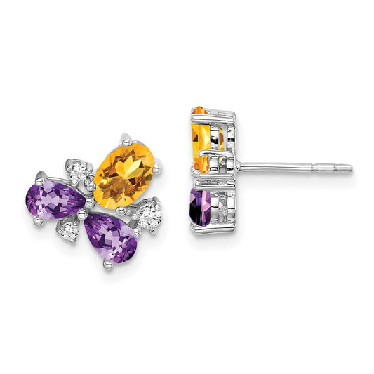 14k White Gold Amethyst/Citrine/Real Diamond Earrings