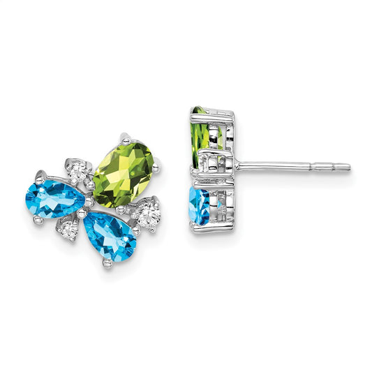 Solid 14k White Gold Simulated Blue Topaz/Peridot/CZ Earrings