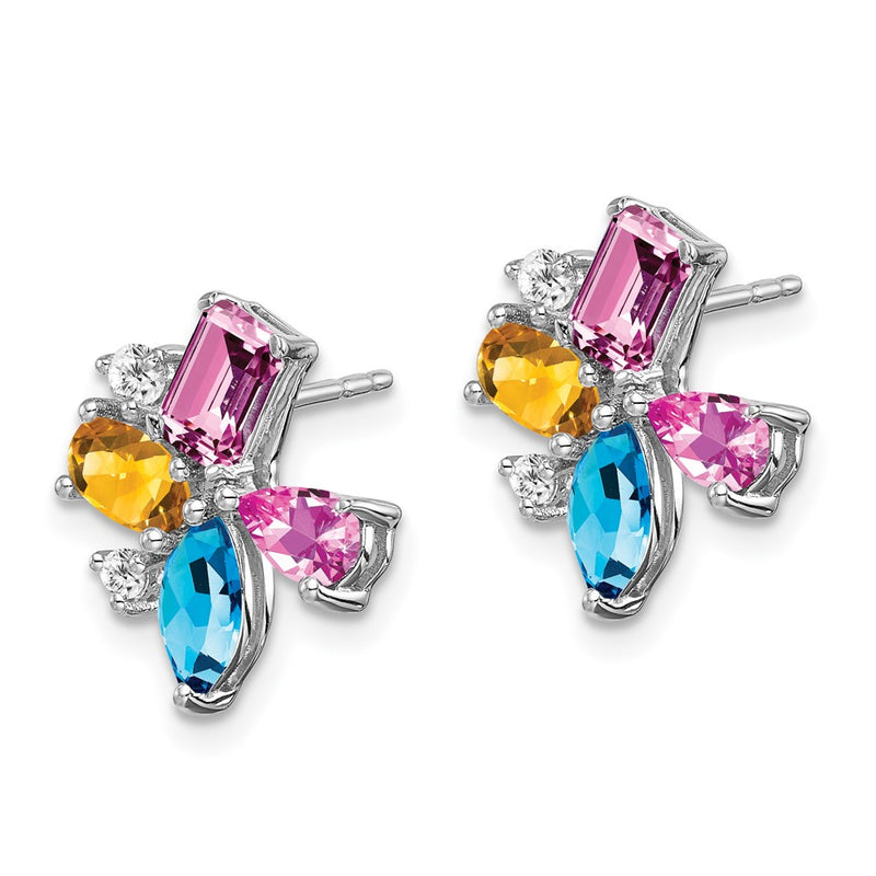 14k White Gold Blue Topaz/Citrine/Cr.Pink Sapph/Real Diamond Earrings