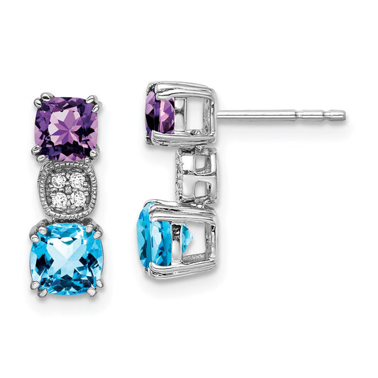 Solid 14k White Gold Simulated Amethyst Simulated/Simulated Blue Topaz/Simulated CZ Earrings