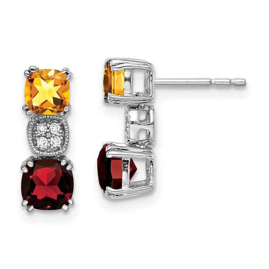 14k White Gold Citrine/Garnet/Real Diamond Earrings