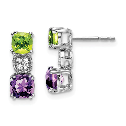 14k White Gold Peridot/Amethyst/Real Diamond Earrings