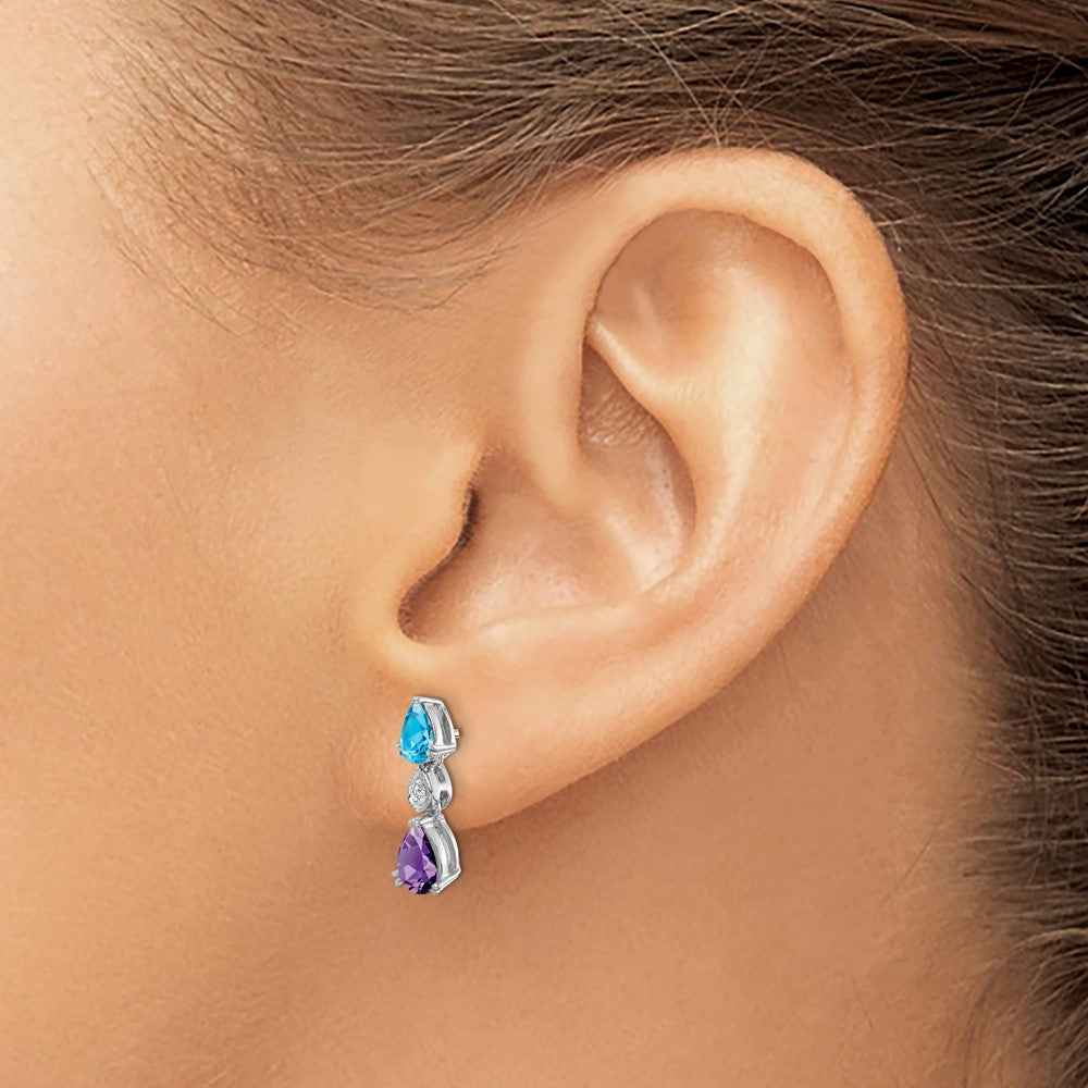 Solid 14k White Gold Simulated Blue Topaz/Amethyst/CZ Earrings