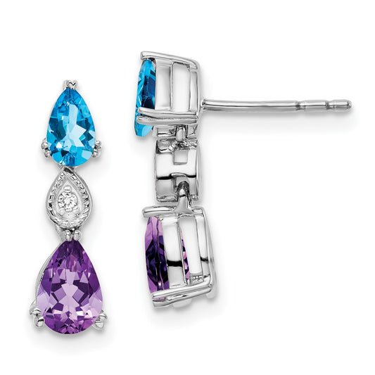 Solid 14k White Gold Simulated Blue Topaz/Amethyst/CZ Earrings