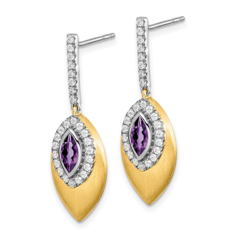 14k Yellow Gold Two-tone Amethyst and Real Diamond Dangle Earrings