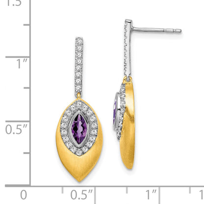 14k Yellow Gold Two-tone Amethyst and Real Diamond Dangle Earrings